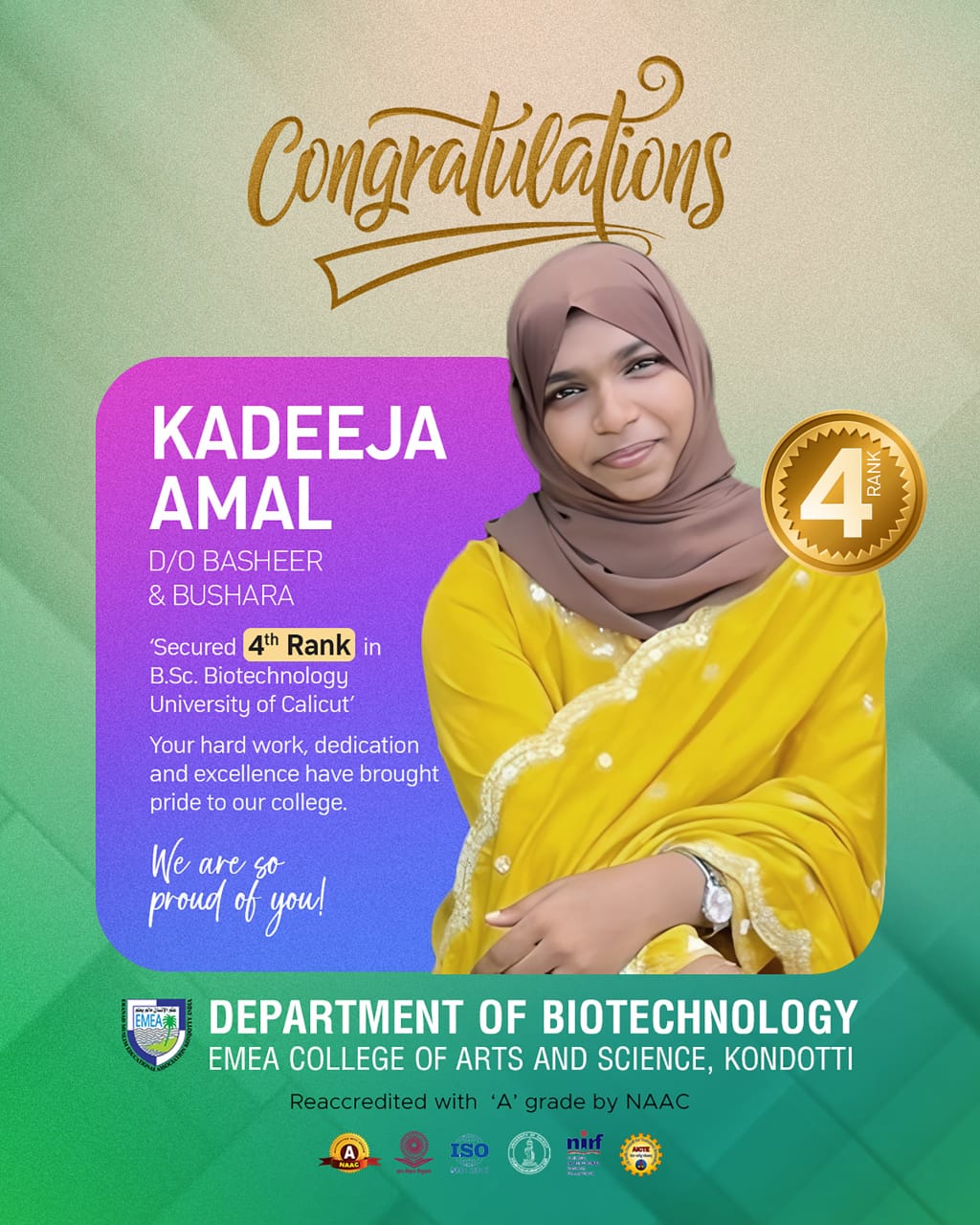 4ᵗʰ Rank in B.Sc. Biotechnology under the University of Calicut