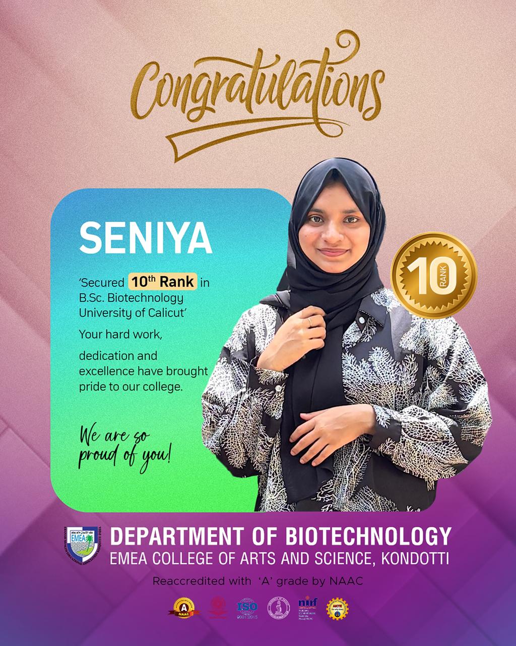 10ᵗʰ Rank in B.Sc. Biotechnology under the University of Calicut