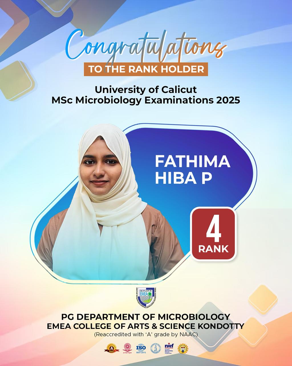 4th Rank in the MSc Microbiology Examinations 2025 under the University of Calicut. 🌟